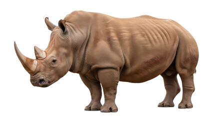 Obraz premium Isolated rhinoceros posing, a large African mammal with two horns and thick, tan skin
