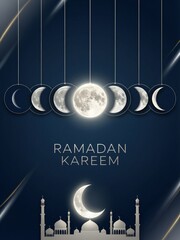 Ramadan kareem greeting with moon phases and mosque silhouette