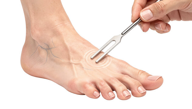 Seated patients foot with a tuning fork placed on the big toe showing detailed examination of vibration perception on a clean white background.