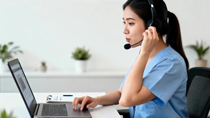 Call center agent wearing a headset speaking to a customer over the phone professionally resolving technical issues and providing guidance remotely.