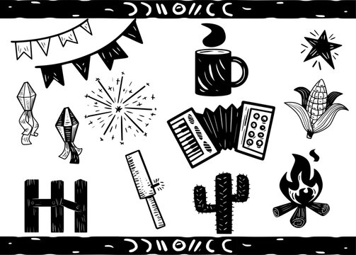 Set of June festival icons. Separate vectors in woodcut style.
