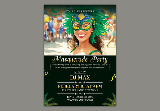 Editable Carnival Masquerade Party Flyer Design with Event Details and Female Samba Dancer Character on Dark Theme.
