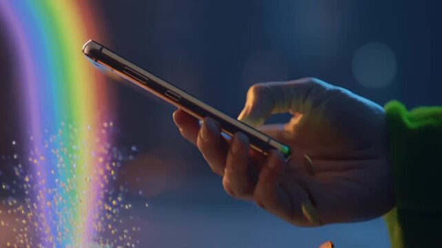 St. Patrick's Day Leprechaun: A person holds a smartphone over a pile of coins with a rainbow emerging from the screen in a magical video