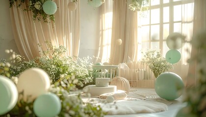 Serene Room Decorated with Balloons: Soft light floods a charming space adorned with gentle pastel balloons and delicate floral arrangements. Evoking tranquility and peace.