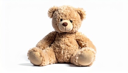 Obraz premium Plush Teddy Bear with Floral Ribbon Sitting Upright Against White Background for Childhood Nostalgia