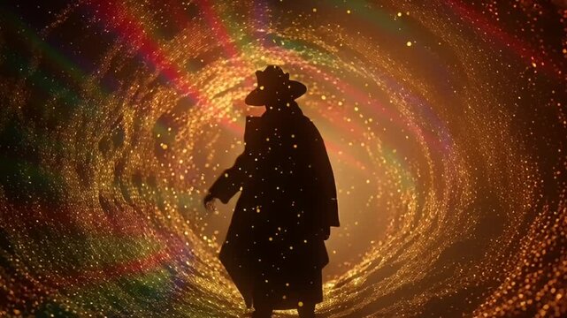 St. Patrick's Day Leprechaun: A person stands in a mesmerizing video tunnel of swirling lights and colors, surrounded by a radiant glow in this stunning video.