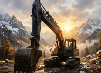 Heavy Duty Excavator in Mountain Landscape at Sunset ai generated