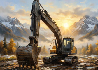 Heavy Duty Excavator in Mountain Landscape at Sunset ai generated