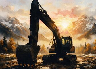 Heavy Excavator in Mountain Landscape at Sunset, Digital Watercolor Painting Illustration ai generated