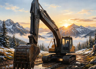 Heavy Duty Excavator in Mountain Landscape at Sunset ai generated