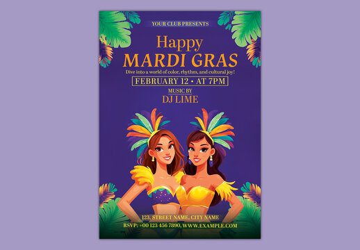 Editable Carnival Party Invitation, Happy Mardi Gras Festival Flyer Design with Female Samba Dancers Illustration and Event Details on Violet Background.