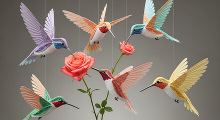 Obraz premium Colorful paper hummingbird with open wing near a rose, against a neutral background, representing nature, beauty, and freedom; perfect for floral concepts