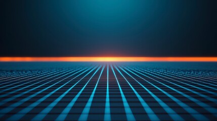 A futuristic landscape featuring a grid pattern extending towards a horizon illuminated by a soft orange glow against a dark blue background.