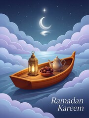 Ramadan kareem night with boat and crescent moon