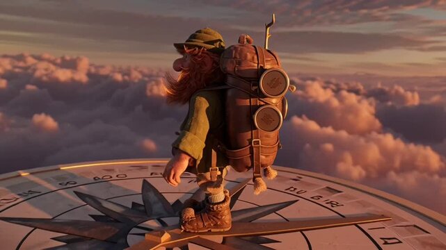 St. Patrick's Day Leprechaun: A fantasy video of a dwarf standing on a mystical clock face above the clouds at sunset