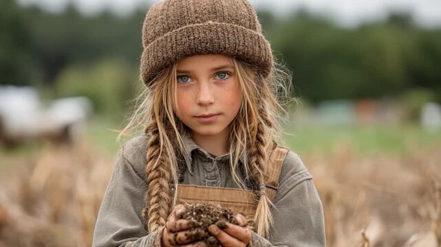 Curious Girl Collecting Soil Sample in Sunny Farm Field