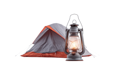 Camping tent with vintage lantern isolated on white background, outdoor adventure equipment concept for travel hiking survival exploration lifestyle use