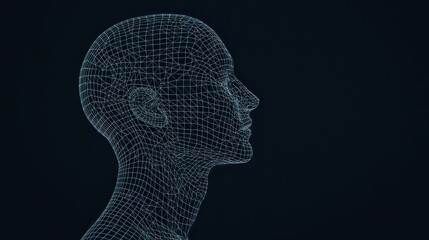 A wireframe representation of a human head against a dark background, showcasing geometric lines and a digital aesthetic.