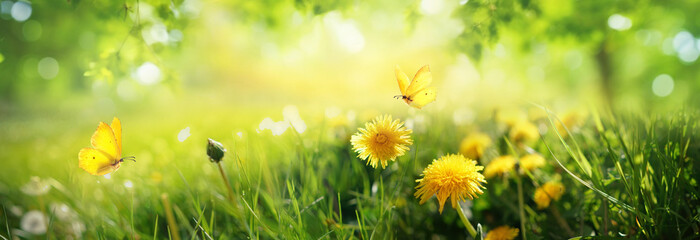 Sunny spring meadow with yellow dandelions and butterflies in flight under a bright canopy. A peaceful panoramic nature scene filled with light and life.