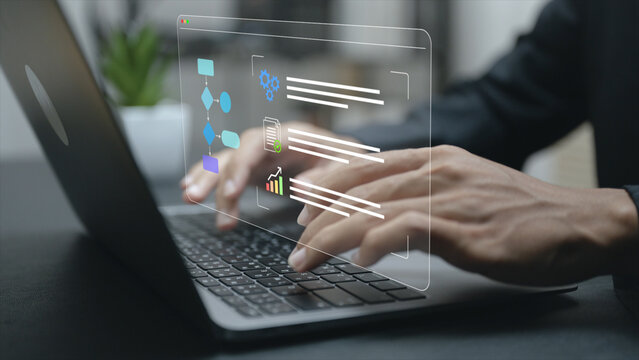 Workflow concept with task management, process optimization and team collaboration. Business workflow system improving efficiency, productivity and operational performance.