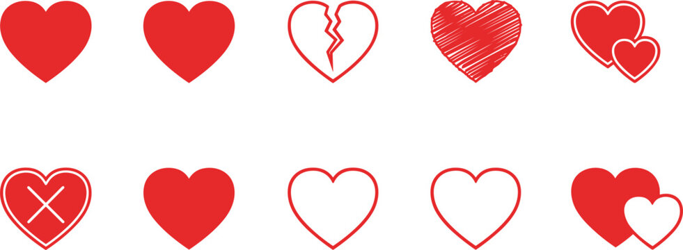 Set of ten red heart icons featuring solid shapes broken hearts outlines and overlapping designs on white background.