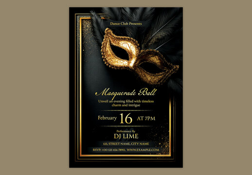 Editable Carnival Party Flyer Design with Elegant Masquerade Mask Ball in Golden and Black Color.