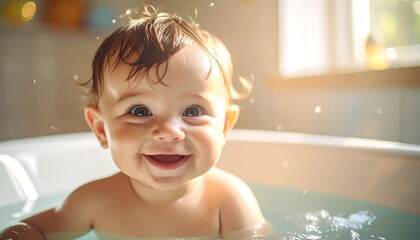 Bathing Baby's Radiant Smile: A delightful moment of a baby taking bath and radiating joy with a big smile, capturing the innocence of childhood.