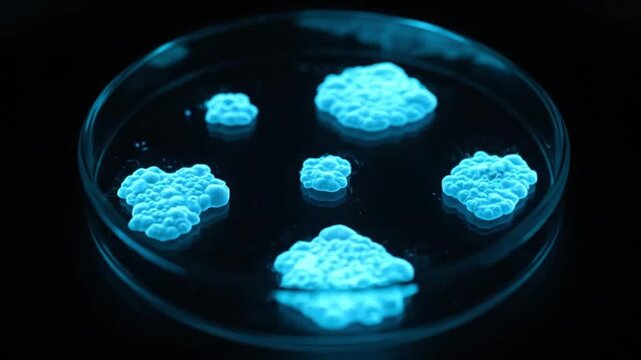 Vibrantly glowing blue particulate compounds observed within a sterile petri dish, showcasing the captivating luminescence of chemical reactions in a scientific research environment