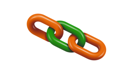 Three dimensional orange and green chain links are strongly connected together against a dark black background in a digital illustration