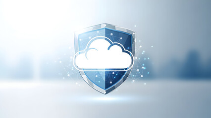 Secure cloud computing icon protected by digital shield, light blur background, clean minimal cybersecurity technology concept