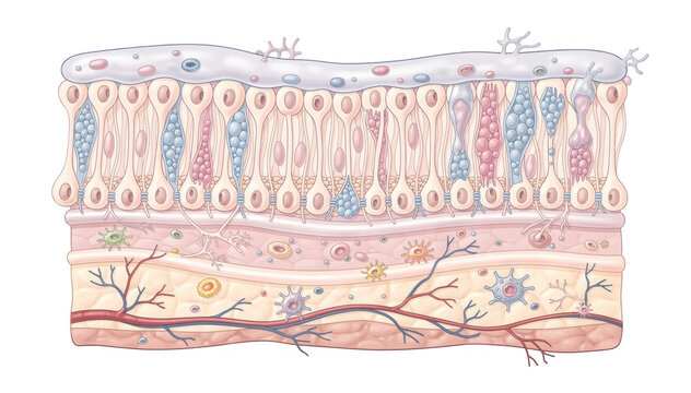 Isolated detailed drawing of gut mucosal barrier emphasizing cellular components and protective mucus on a pure white background with clear visual differentiation.