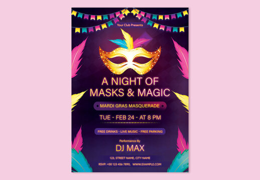 Editable Carnival Night Party Flyer Design with Colorful Feathered Mask and Event Details on Dark Background for Mardi Gras Festival.