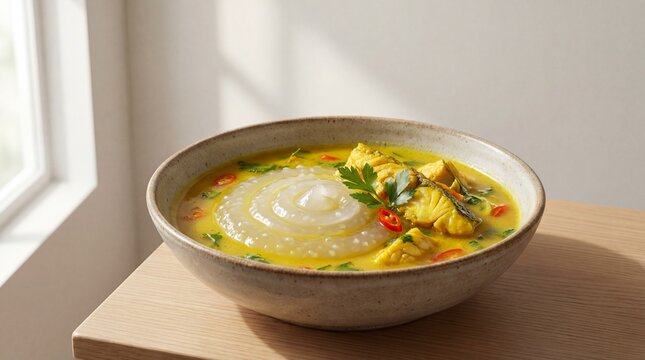 Traditional Indonesian papeda sago porridge served with yellow fish soup, a unique Eastern Indonesian cuisine photographed in 4K resolution.