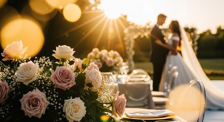 Romantic wedding setup with flowers and happy newlyweds embracing