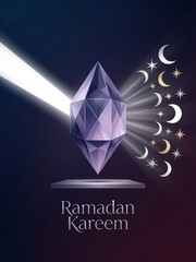 Ramadan kareem greeting with glowing gemstone and celestial moons