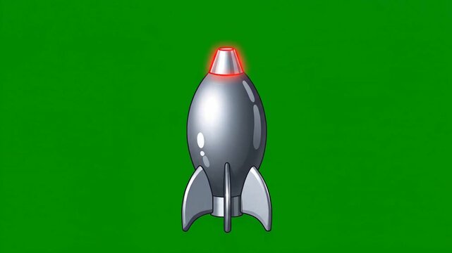 A cartoon-style silver rocket with a red and white tip soars upwards against a vibrant green greenscreen background, conveying a sense of animation and motion.