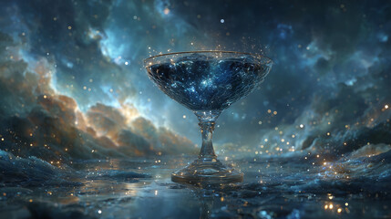 Fantasy cocktail glass filled with cosmic starlight against misty galaxy background, magical dreamy atmosphere
