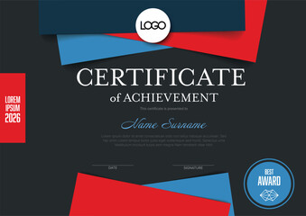 This modern certificate template features elegant geometric shapes in red and blue. Use this certificate for professional diploma purposes or to honor a special achievement in style.