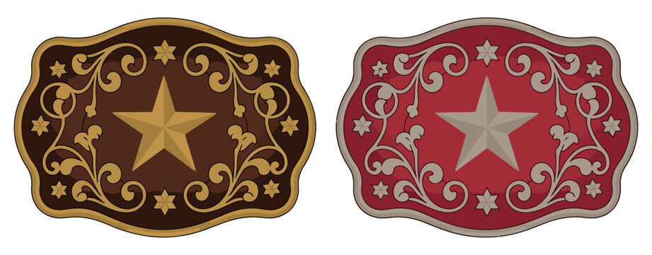 Sheriff Star Badge Rodeo Cowboy Belt Buckle Vector Featuring Wild West Cowboy Style, Texas Five-Point Star, and Stylized Decorative Frame for Rodeo Event Graphics