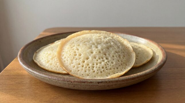 Indonesian traditional serabi pancake made from coconut milk batter, photographed in clean and minimalistic 4K food photography style.
