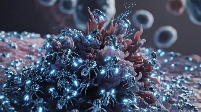 Microscopic view of cells undergoing division and multiplication with intricate biological structures