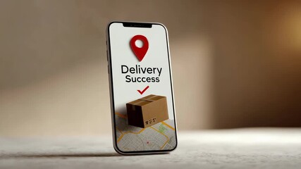 Modern smartphone displaying a successful delivery notification with a package icon, location pin, and a map, representing efficient and reliable online shopping and shipping services