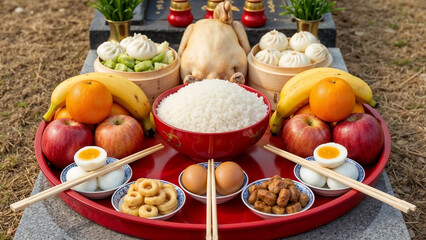 Food offerings arranged on traditional altar for ceremonial occasion  