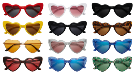 Heart shaped sunglasses set including red, white, black, yellow, tortoiseshell, glitter, blue, and floral patterns isolated. Stylish eyewear and fashion accessory collection.