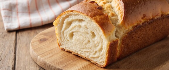 Freshly baked brioche bread loaf with golden crust and fluffy layered interior