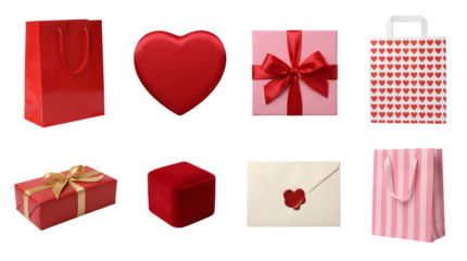 Valentine's day gift set including bags, boxes, heart shaped container, and envelope isolated. Romantic celebration and anniversary present collection.