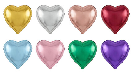 Heart balloon set including gold silver rose red blue pink green and purple foil variants isolated. Celebration and party decoration collection.