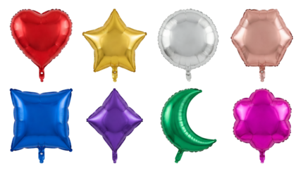 Mylar foil balloon set including heart, star, circle, hexagon, square, diamond, moon, and flower shapes isolated. Party and celebration decoration collection.