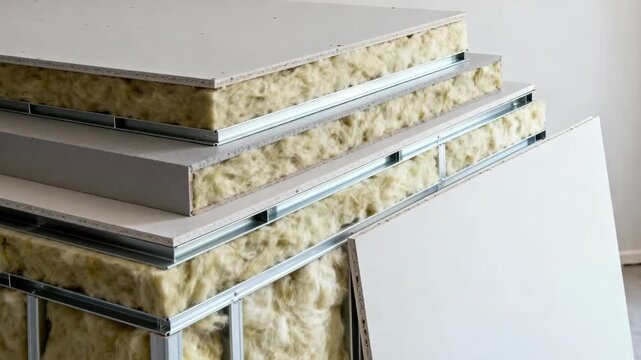 Medium shot of layered soundproof drywall installation showing thickness and materials used to minimize noise transfer between rooms.