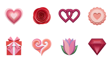 Paper craft romantic set including hearts, rose, gift box, tulip, and diamond shapes isolated. Valentine and wedding decorative elements.
